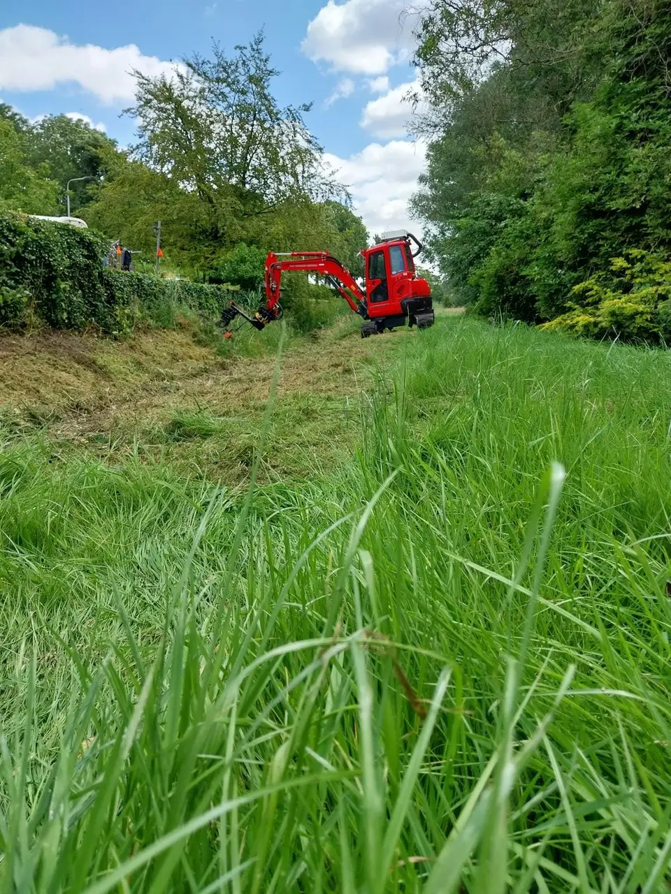 Kraan maait een talud met hoog gras langs de bosrand